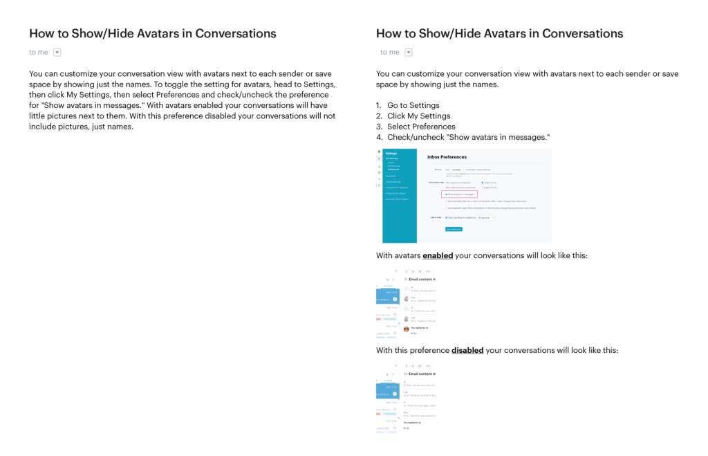 sample conversation with a customer side by side example of different formats