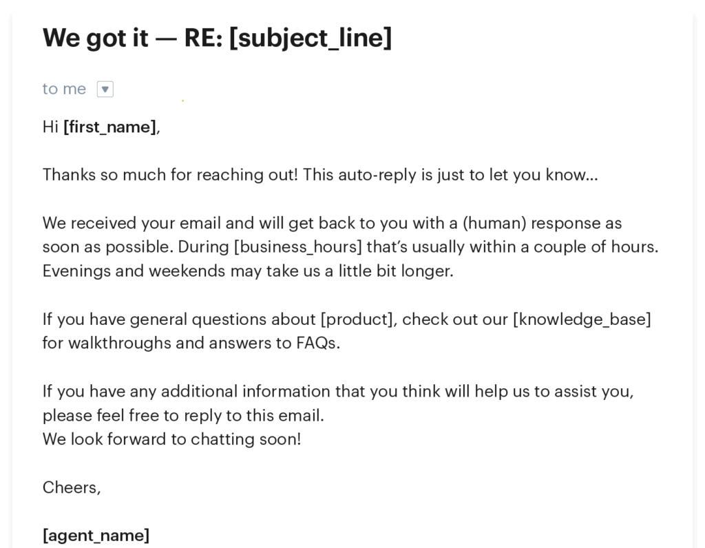screenshot of our auto reply email template for small business customer service